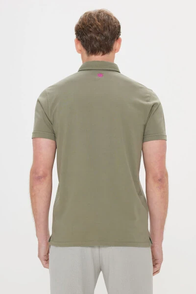 Мужская футболка-поло цвета хаки, 100% хлопок, Slim Fit, узкий крой. - 5