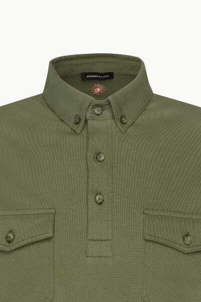 Мужская футболка-поло цвета хаки, 100% хлопок, Slim Fit, узкий крой. - 7