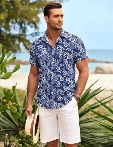 Мужская гавайская рубашка COOFANDY с коротким рукавом на пуговицах, тропическая летняя пляжная рубашка, повседневная цветочная рубашка алоха - 3