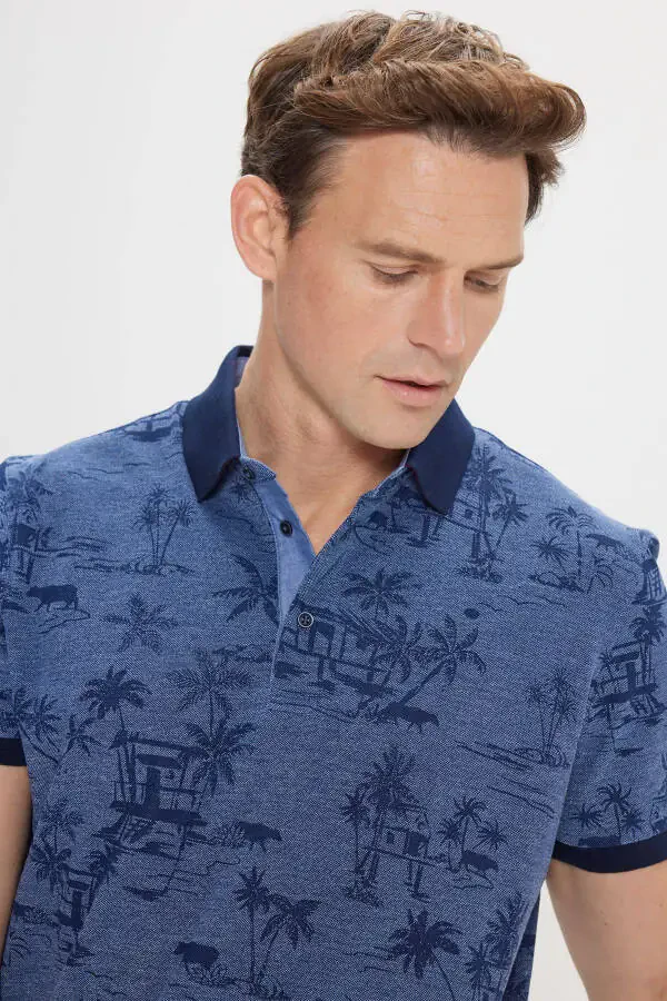 Мужская индиго слим фит футболка с рисунком и воротником поло 100% хлопок - 4