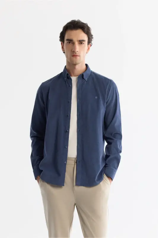 Мужская Индиго Вельветовая Рубашка Slim Fit 100% Хлопок B002032-Индиго - 1