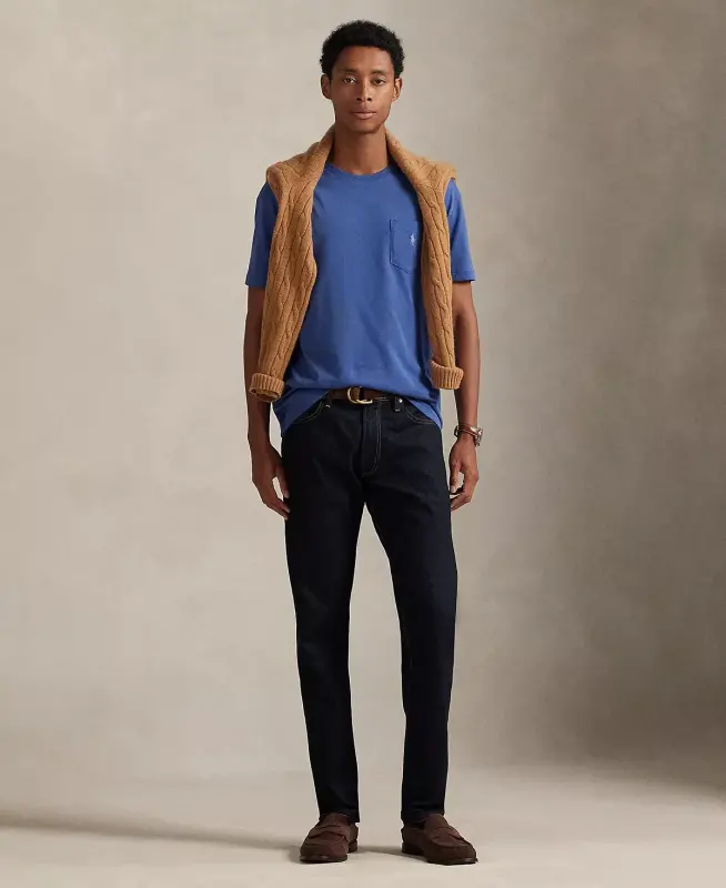 Мужская классическая футболка с круглым вырезом и карманом - Старый королевский - 3