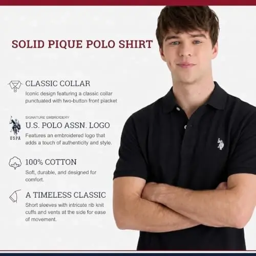 Мужская классическая рубашка-поло U.S. Polo Assn., пикейное поло с застежкой на две пуговицы, летняя модная рубашка для гольфа | Пикейное поло с застежкой на две пуговицы, летняя модная рубашка для гольфа - 4