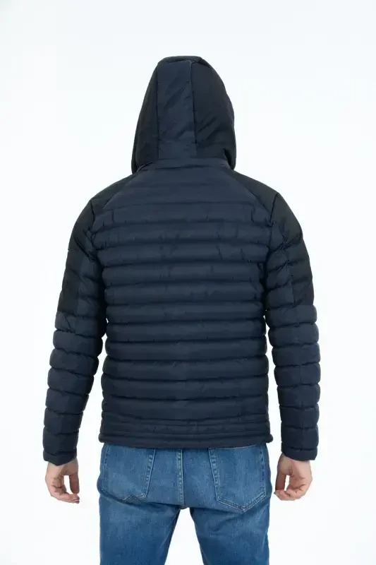 Мужская Короткая Съемная Капюшонная Набивная Водоотталкивающая Классическая Дутая Куртка 9710-ТЕМНО-СИНИЙ - 3