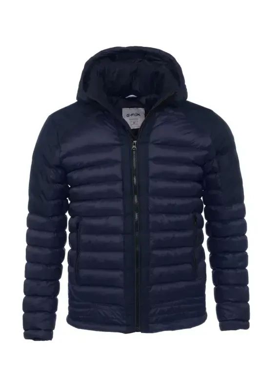 Мужская Короткая Съемная Капюшонная Набивная Водоотталкивающая Классическая Дутая Куртка 9710-ТЕМНО-СИНИЙ - 4