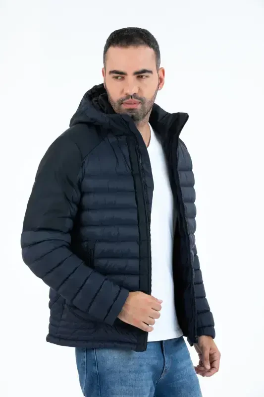 Мужская Короткая Съемная Капюшонная Набивная Водоотталкивающая Классическая Дутая Куртка 9710-ТЕМНО-СИНИЙ - 7
