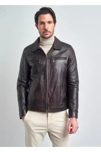 Мужская кожаная куртка бордового цвета с воротником на молнии - PIERRE CARDIN (1)