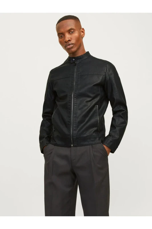Мужская кожаная куртка Черная 12182461 Jjewarner Jacket Noos - JACK & JONES