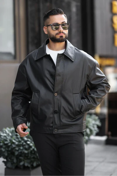 Мужская кожаная куртка оверсайз винтажная на пуговицах черного цвета - 12