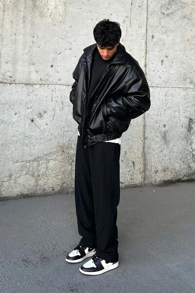 Мужская кожаная куртка винтажного стиля большого размера, черная - MODERK (1)