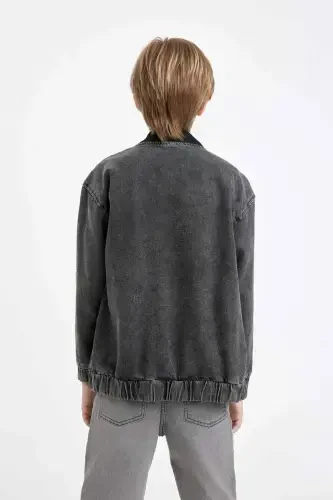 Мужская куртка-бомбер из денима с принтом, воротником-стойкой, молнией и карманами для межсезонья C3685A824AU-серая - 6