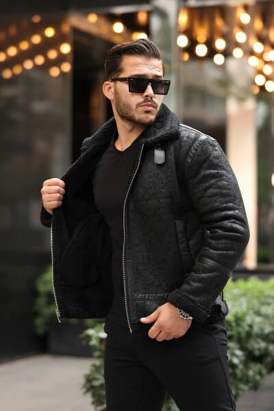 Мужская куртка из натуральной кожи с меховой подкладкой Slim Fit - GM GIYIMARKET