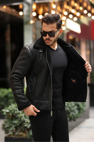 Мужская куртка из натуральной кожи с меховой подкладкой Slim Fit - GM GIYIMARKET (1)