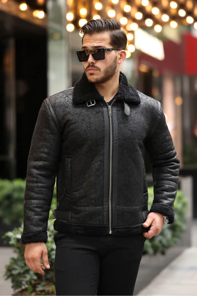 Мужская куртка из натуральной кожи с меховой подкладкой Slim Fit - 4