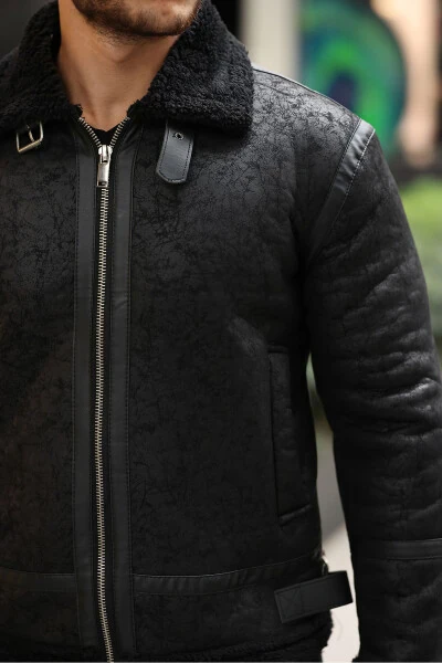 Мужская куртка из натуральной кожи с меховой подкладкой Slim Fit - 5