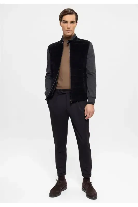 Мужская куртка из натуральной замши черного цвета Diego с молнией, трикотажными рукавами и воротником, стеганой подкладкой - 4