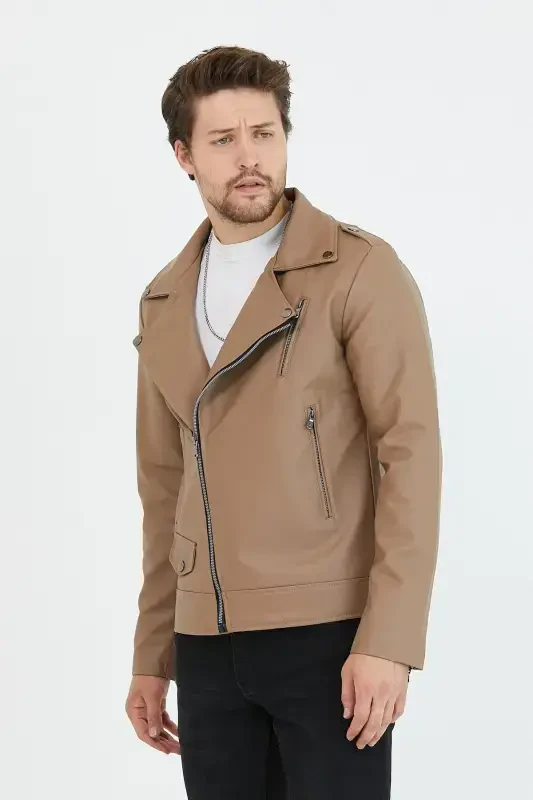 Мужская куртка Vizyon из кожи с косой молнией, новый сезон-Vizyon - 4