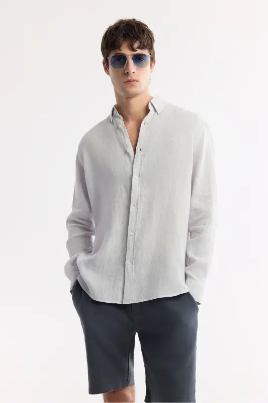 Мужская ледяная серая удобная посадка 100% льняная рубашка на пуговицах B002191-Ледяной серый - 4