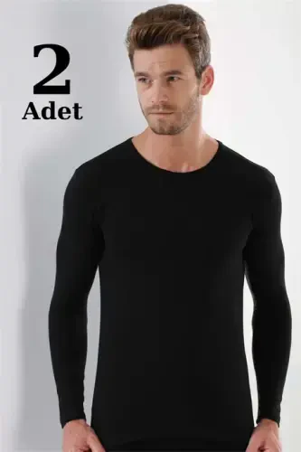 Мужская майка-тельняшка с длинным рукавом, 2 упаковки, черный цвет, круглый вырез, базовый вариант, 100% хлопок рибана - 1