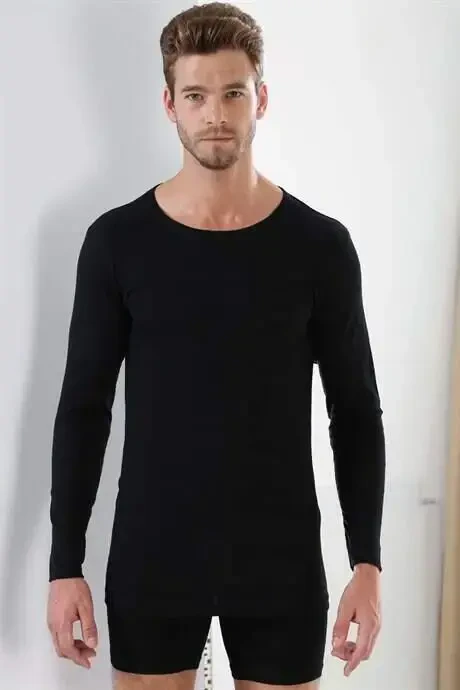 Мужская майка-тельняшка с длинным рукавом, 2 упаковки, черный цвет, круглый вырез, базовый вариант, 100% хлопок рибана - 3