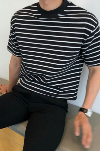 Мужская матовая черная футболка с коротким рукавом из рифленого трикотажа из акрила и хлопка - 5