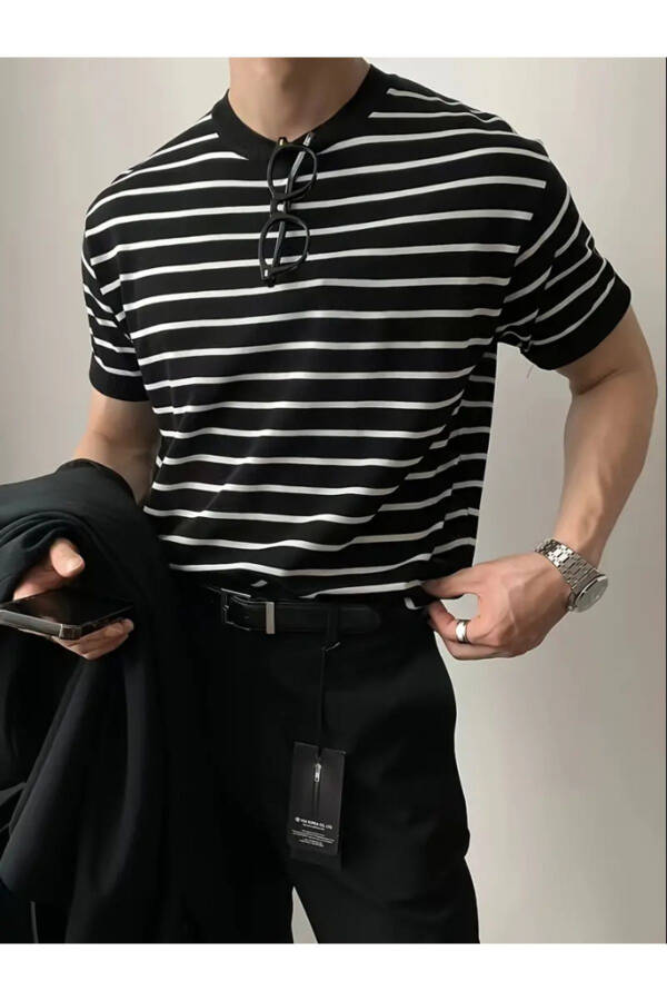 Мужская матовая черная футболка с коротким рукавом из рифленого трикотажа из акрила и хлопка - 1