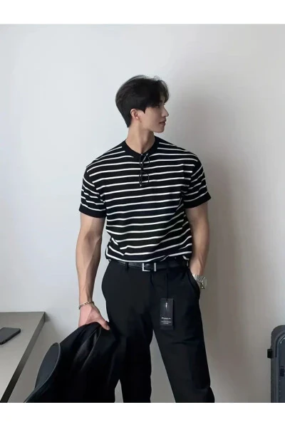 Мужская матовая черная футболка с коротким рукавом из рифленого трикотажа из акрила и хлопка - TARZ COOL (1)