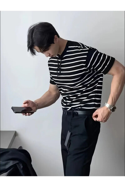 Мужская матовая черная футболка с коротким рукавом из рифленого трикотажа из акрила и хлопка - 3