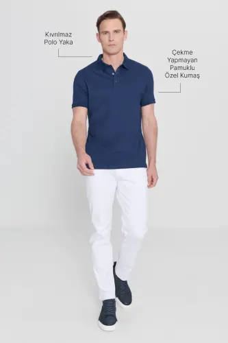 Мужская Непривлекательная Хлопковая Ткань Slim Fit Узкий Крой Темно-синий Несминаемый Воротник Поло Футболка-ТЕМНО-СИНИЙ - 6