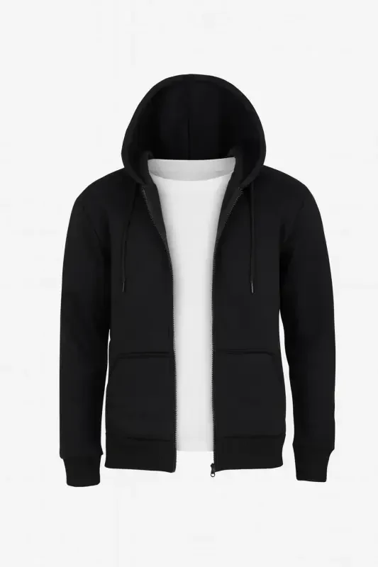 Мужская облегающая вязаная трехниточная флисовая куртка на молнии черного цвета-ЧЕРНЫЙ - 3
