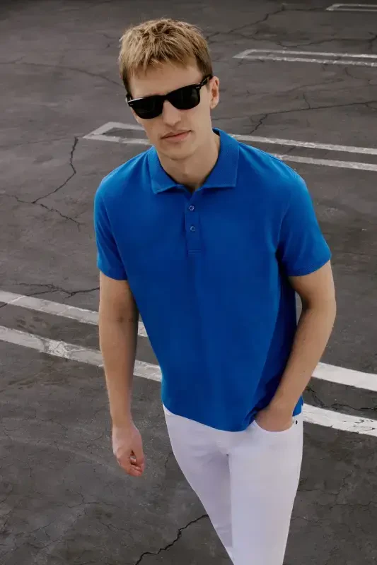 Мужская Royal Blue 100% Хлопок Не мнется Пике Polo Воротник Slim Fit Узкий Крой Футболка-Royal Blue - 8