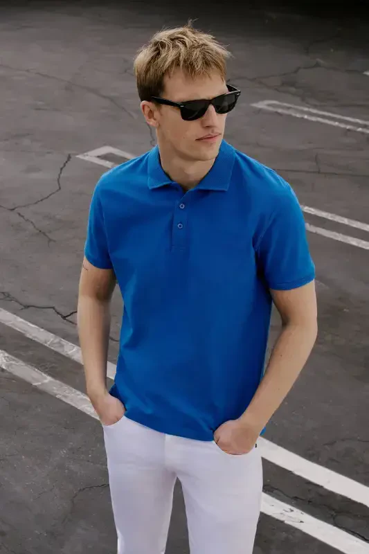 Мужская Royal Blue 100% Хлопок Не мнется Пике Polo Воротник Slim Fit Узкий Крой Футболка-Royal Blue - 9