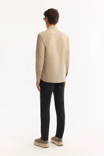 Мужская рубашка бежевого цвета с пуговицами, воротник с отворотом, комфорт, 100% хлопок, льняная текстура E002141 - 4