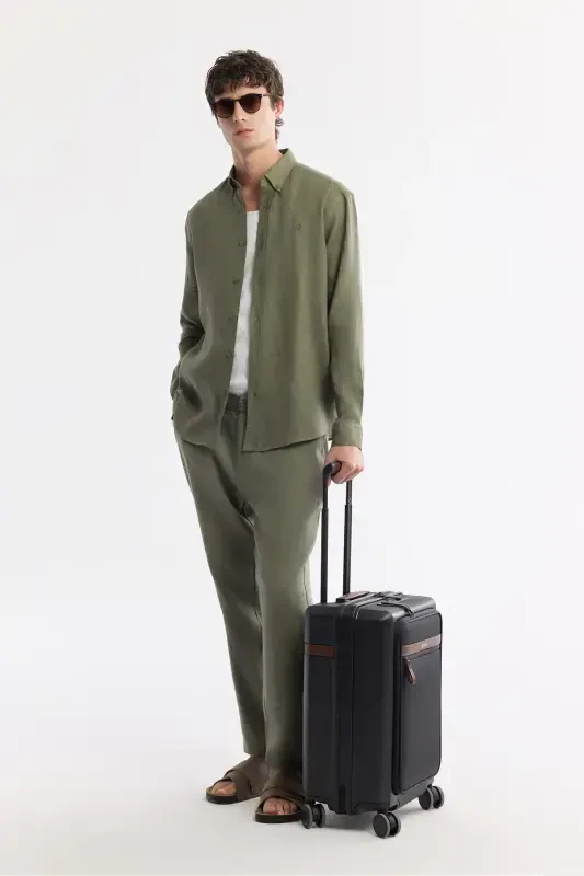 Мужская рубашка цвета хаки Comfort Fit из 100% льна с воротником на пуговицах B002191-Khaki - 7