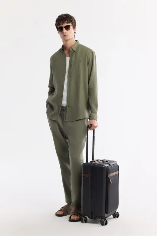 Мужская рубашка цвета хаки Comfort Fit из 100% льна с воротником на пуговицах B002191-Khaki - 6