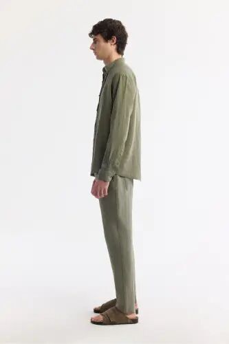 Мужская рубашка цвета хаки Comfort Fit из 100% льна с воротником на пуговицах B002191-Khaki - 3