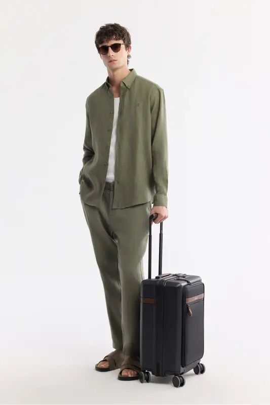 Мужская рубашка цвета хаки Comfort Fit из 100% льна с воротником на пуговицах B002191-Khaki - 7