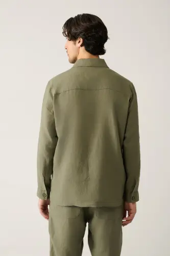 Мужская рубашка цвета хаки классического кроя со 100% льном A41y2087-хаки - 4
