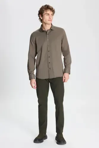 Мужская рубашка цвета хаки Slim Fit с узким вырезом, итальянским воротником и текстурой армюр, не требующая глажки-Хаки. - AC&CO / ALTINYILDIZ CLASSICS (1)
