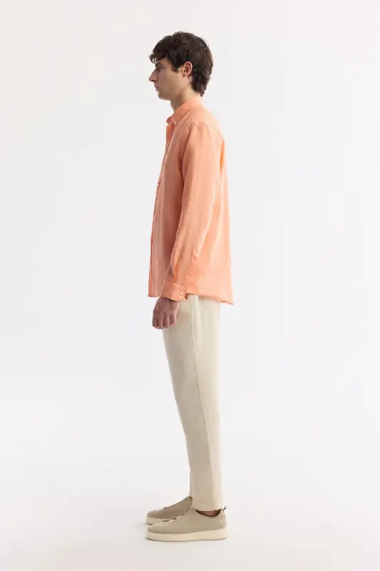 Мужская рубашка из льна оранжевого цвета, на пуговицах, свободный крой, B002191 - 5