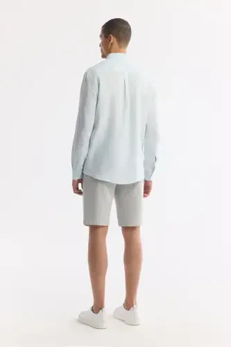 Мужская рубашка из светло-голубого льна, воротник на пуговицах, свободный крой, B002191 - 4