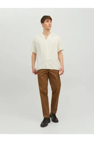 Мужская рубашка Jack&Jones с коротким рукавом, свободного кроя, цвета слоновой кости - 3