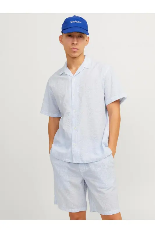Мужская рубашка Jack&Jones с коротким рукавом, свободного кроя, светло-голубая - 2