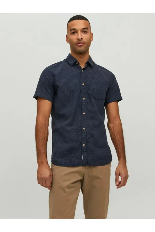 Мужская рубашка Jack&Jones с коротким рукавом, темно-синяя, 100% хлопок (12235362) - 3