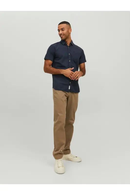 Мужская рубашка Jack&Jones с коротким рукавом, темно-синяя, 100% хлопок (12235362) - 4