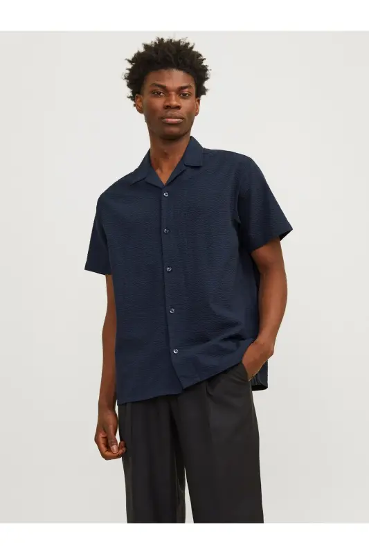 Мужская рубашка Jack&Jones с коротким рукавом, темно-синяя - 3