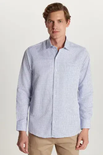 Мужская рубашка классического кроя с обычным силуэтом, длинным рукавом, одним карманом, полосатой тканью и итальянским воротником - 1