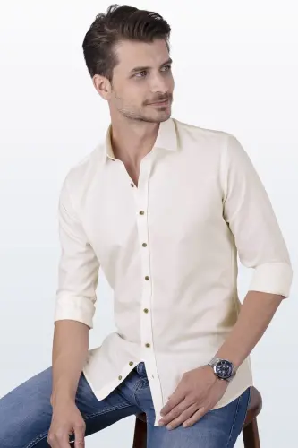 Мужская рубашка кремового цвета Slim Fit в подарочной коробке - 4