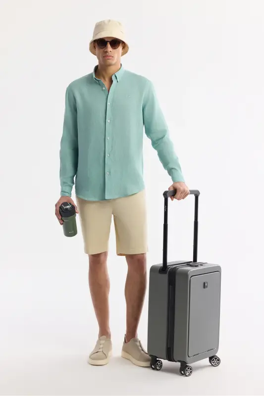 Мужская рубашка мятного зеленого цвета из 100% льна с пуговицами на воротнике Comfort Fit B002191 - 7