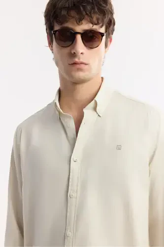 Мужская рубашка Oxford Basic бежевого цвета с пуговицами и воротником Regular Fit, 100% хлопок B002034-Bej - 4